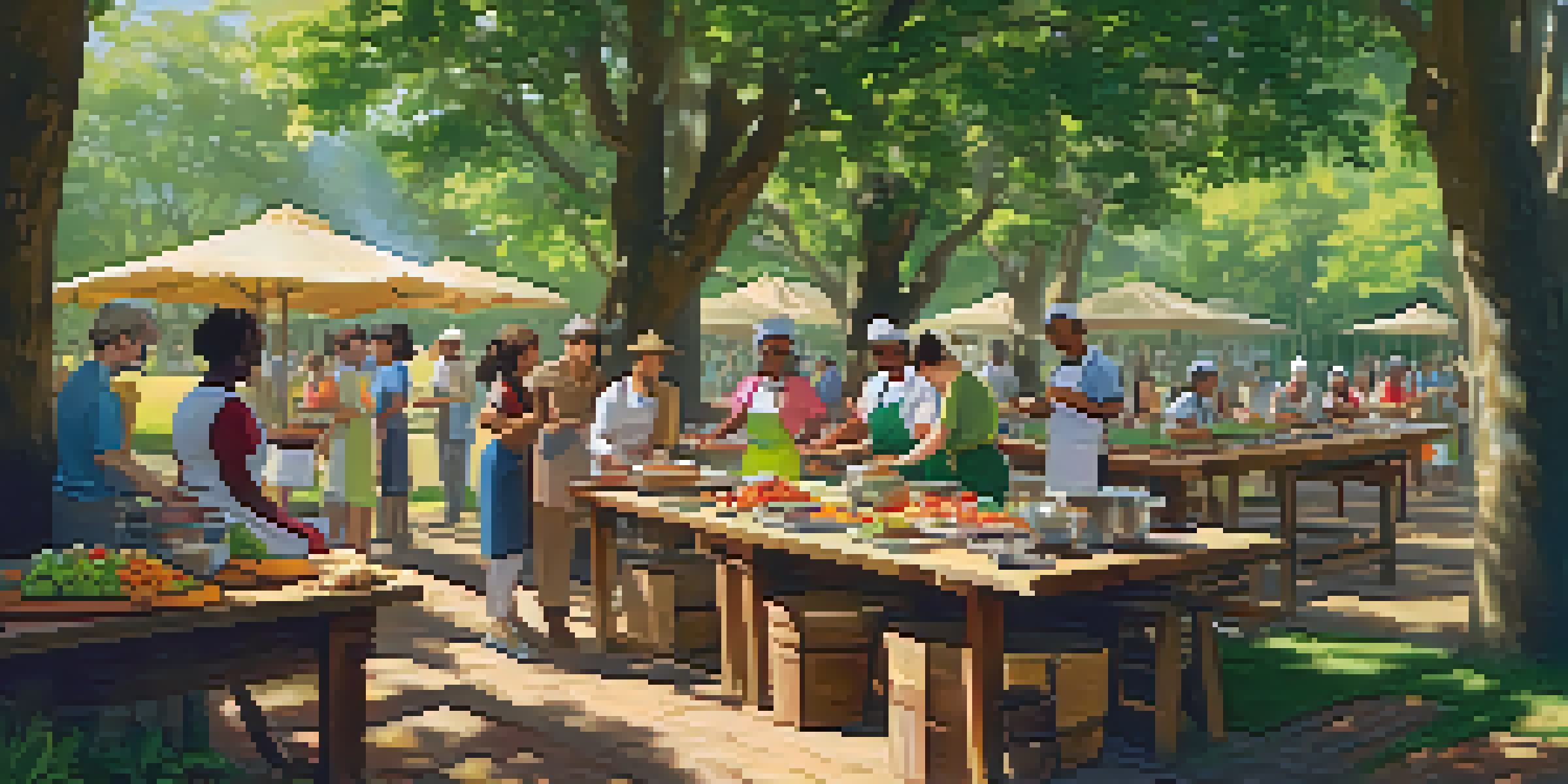 A diverse group of participants learning cooking in a vibrant outdoor workshop with colorful ingredients and a local chef in a sunny park.