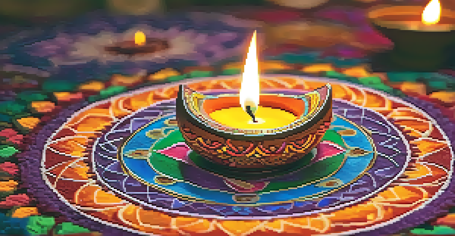 A lit oil lamp on a colorful rangoli pattern, highlighting the intricate designs and the warm glow of the diya.