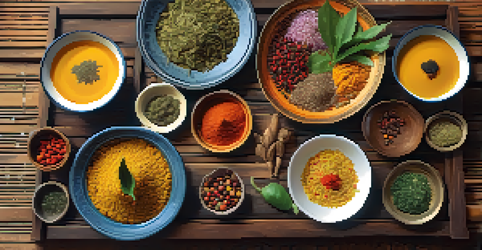 An array of colorful Ayurvedic dishes and spices beautifully arranged on a wooden table, illuminated by natural light.