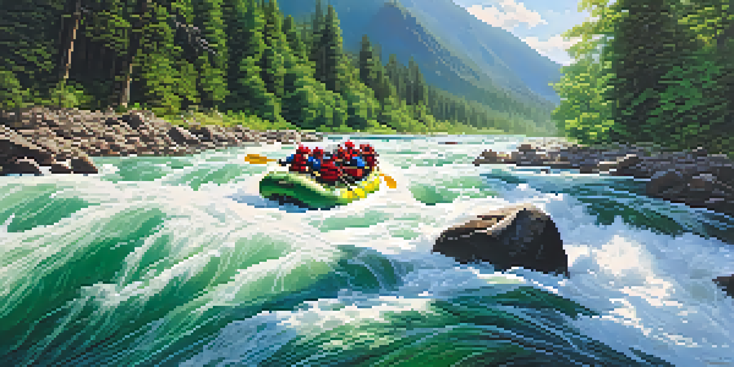 A group of people in colorful helmets and life jackets paddling vigorously in a white-water raft amidst raging rapids and a scenic backdrop of mountains and forests.