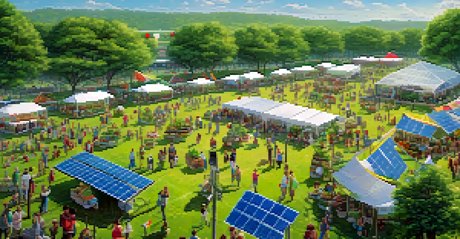 Aerial view of a festival ground featuring solar panels, wind turbines, and eco-friendly installations with attendees enjoying the event.