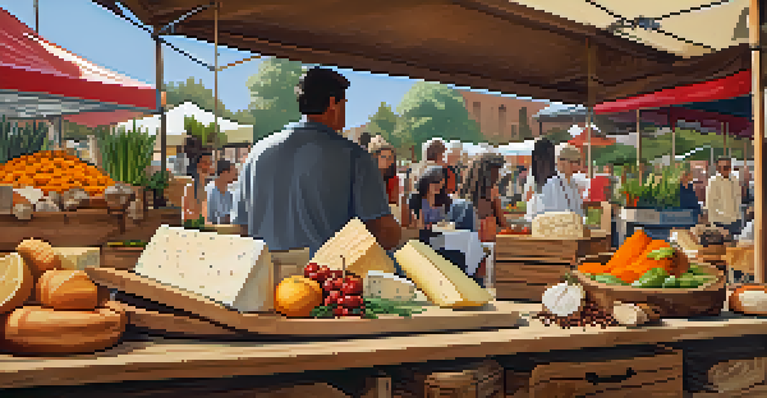 An artisan food stall at a local cuisine festival featuring handmade products like cheeses and fresh vegetables, creating a warm and inviting community atmosphere.