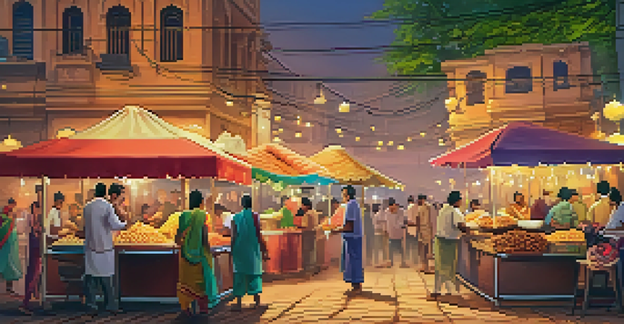 A lively street food market in India at dusk, showcasing colorful food stalls and people enjoying their meals.