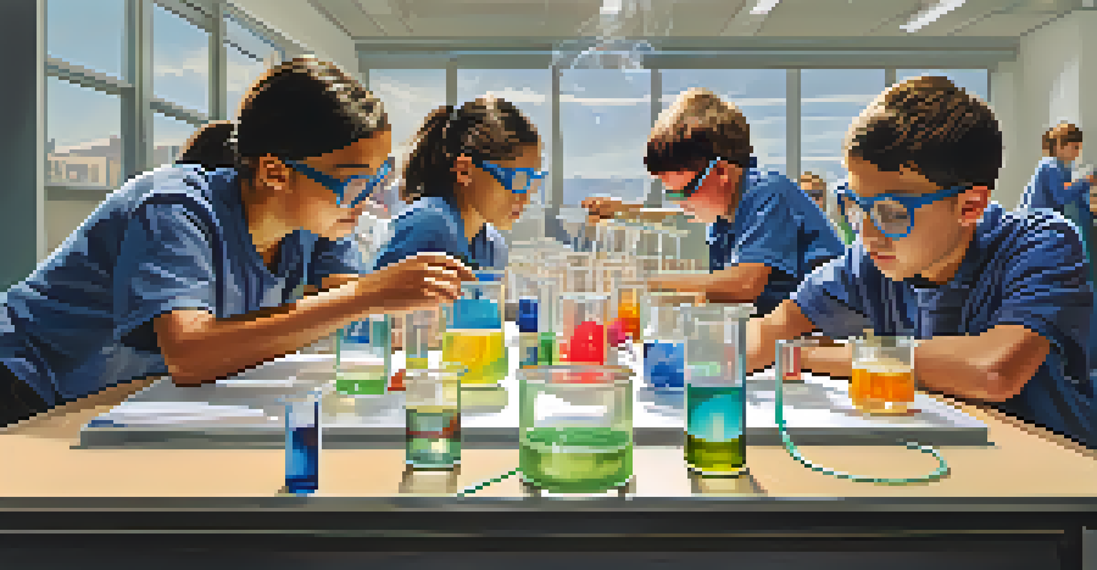 Students engaged in a hands-on science experiment with colorful liquids and equipment.