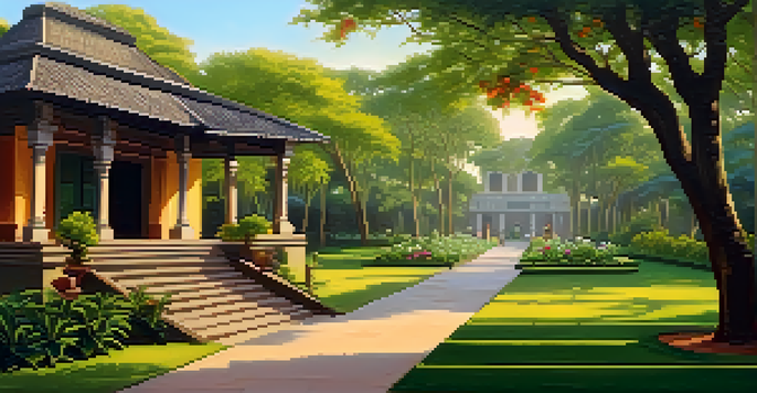 A tranquil garden in Santiniketan with colorful flowers and trees, illuminated by golden sunlight, leading to a traditional Bengali house.