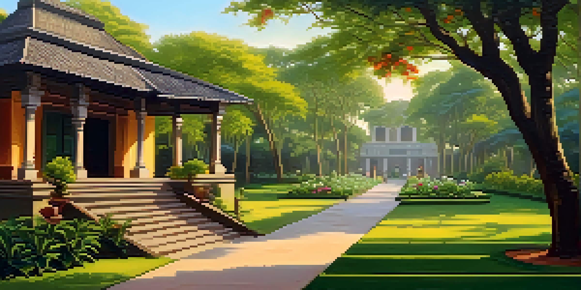 A tranquil garden in Santiniketan with colorful flowers and trees, illuminated by golden sunlight, leading to a traditional Bengali house.