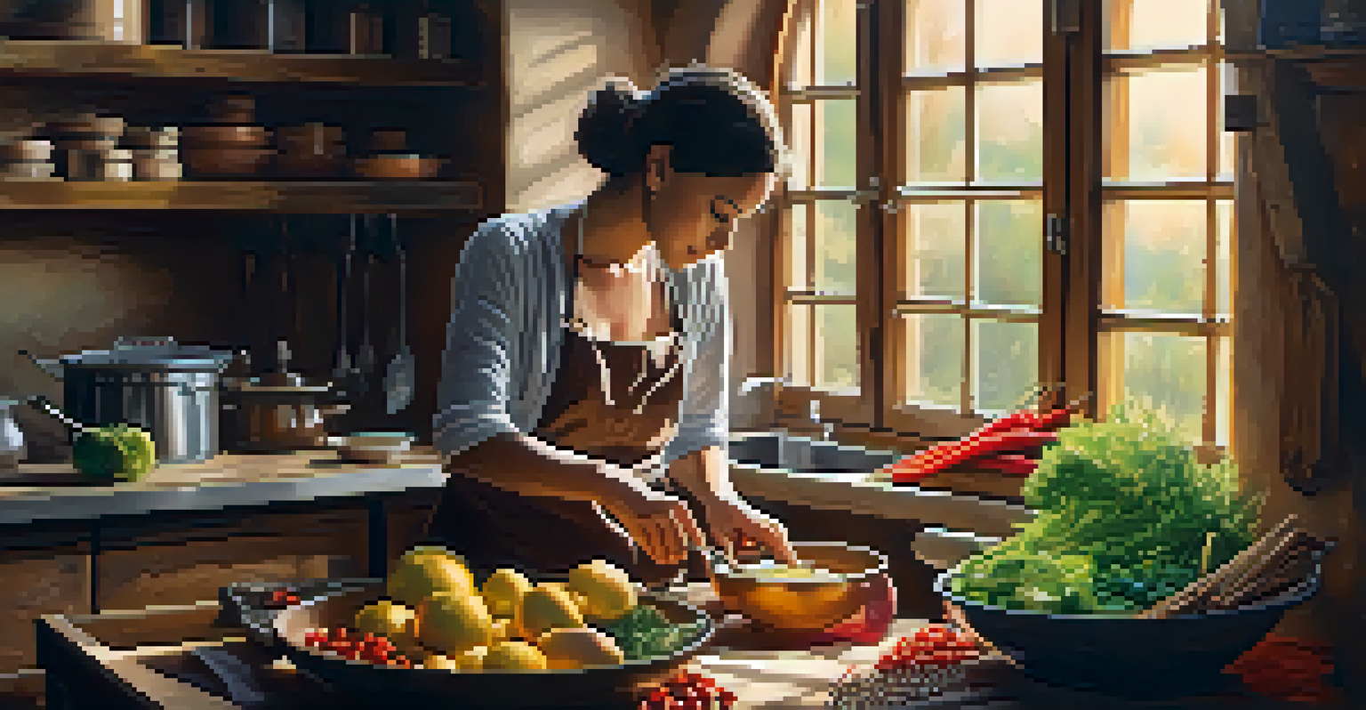 A woman in a rustic kitchen preparing traditional food with fresh ingredients, illuminated by warm sunlight filtering through a window.