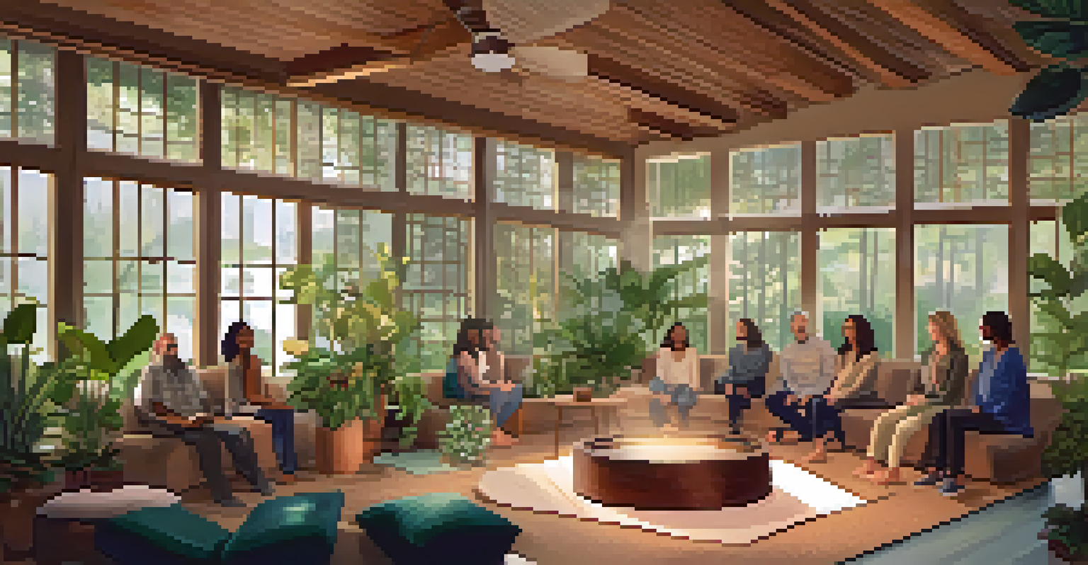 A group participating in a mindfulness workshop in a cozy indoor space filled with plants and soft light.
