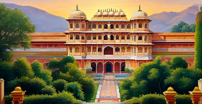 A beautiful view of the City Palace in Jaipur with vibrant peacock gate and lush gardens at sunset.