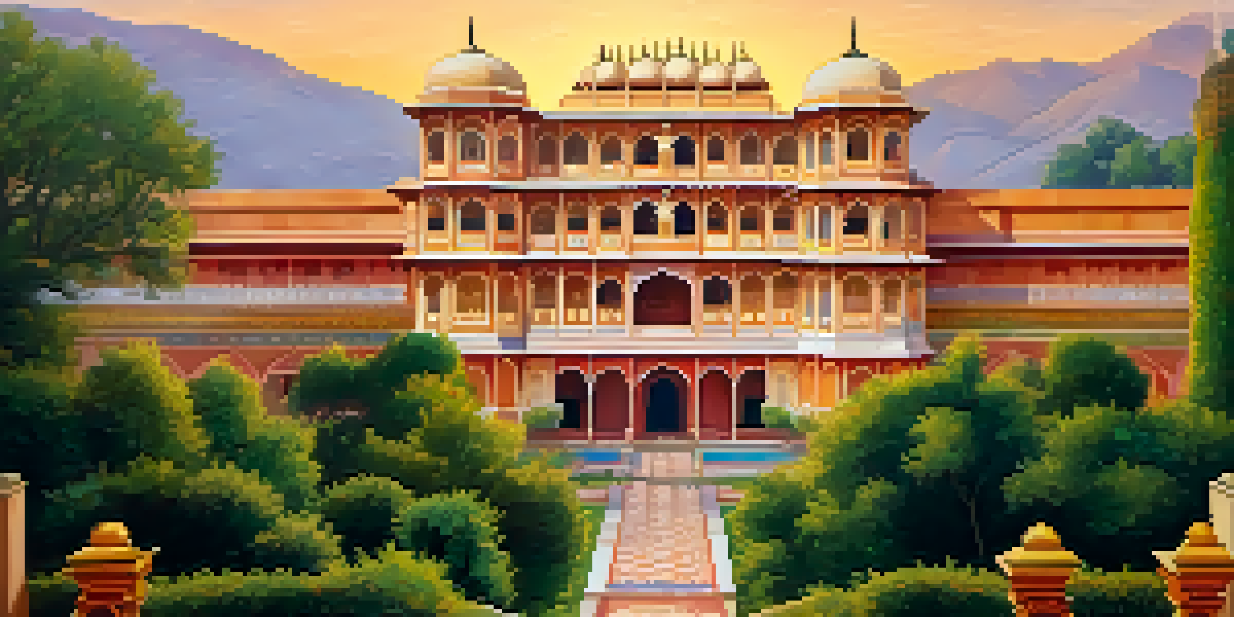 A beautiful view of the City Palace in Jaipur with vibrant peacock gate and lush gardens at sunset.