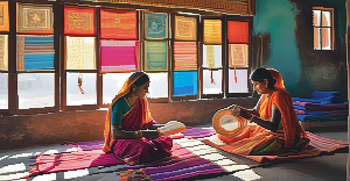 A skilled artisan weaving colorful Bhutti textiles, surrounded by threads and traditional tools, with sunlight illuminating the workspace.