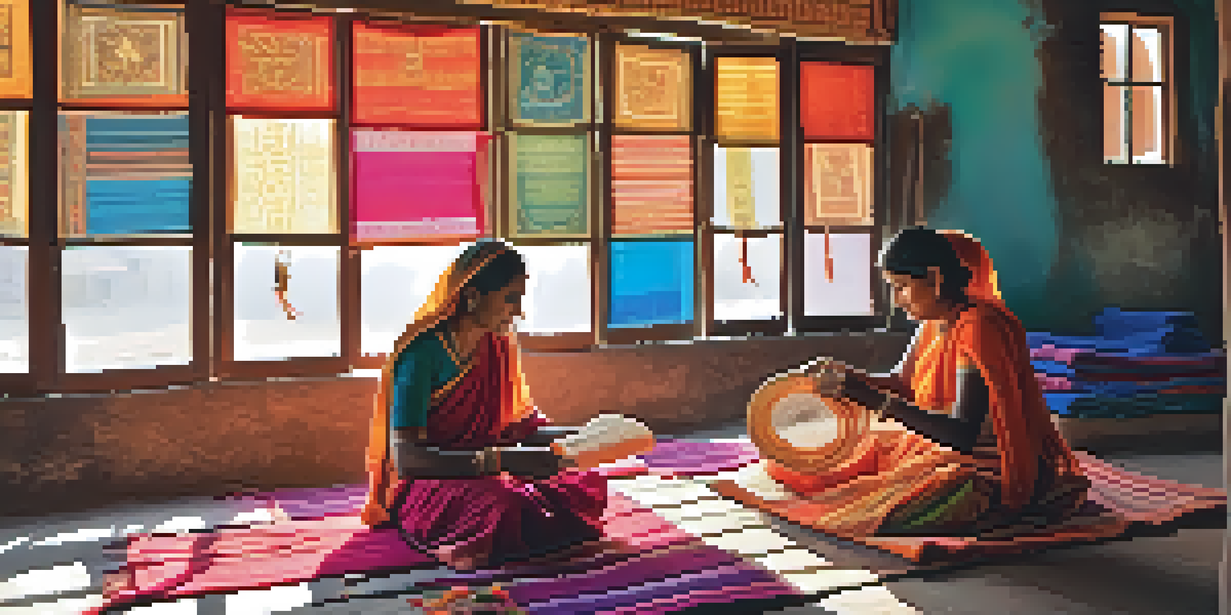 A skilled artisan weaving colorful Bhutti textiles, surrounded by threads and traditional tools, with sunlight illuminating the workspace.