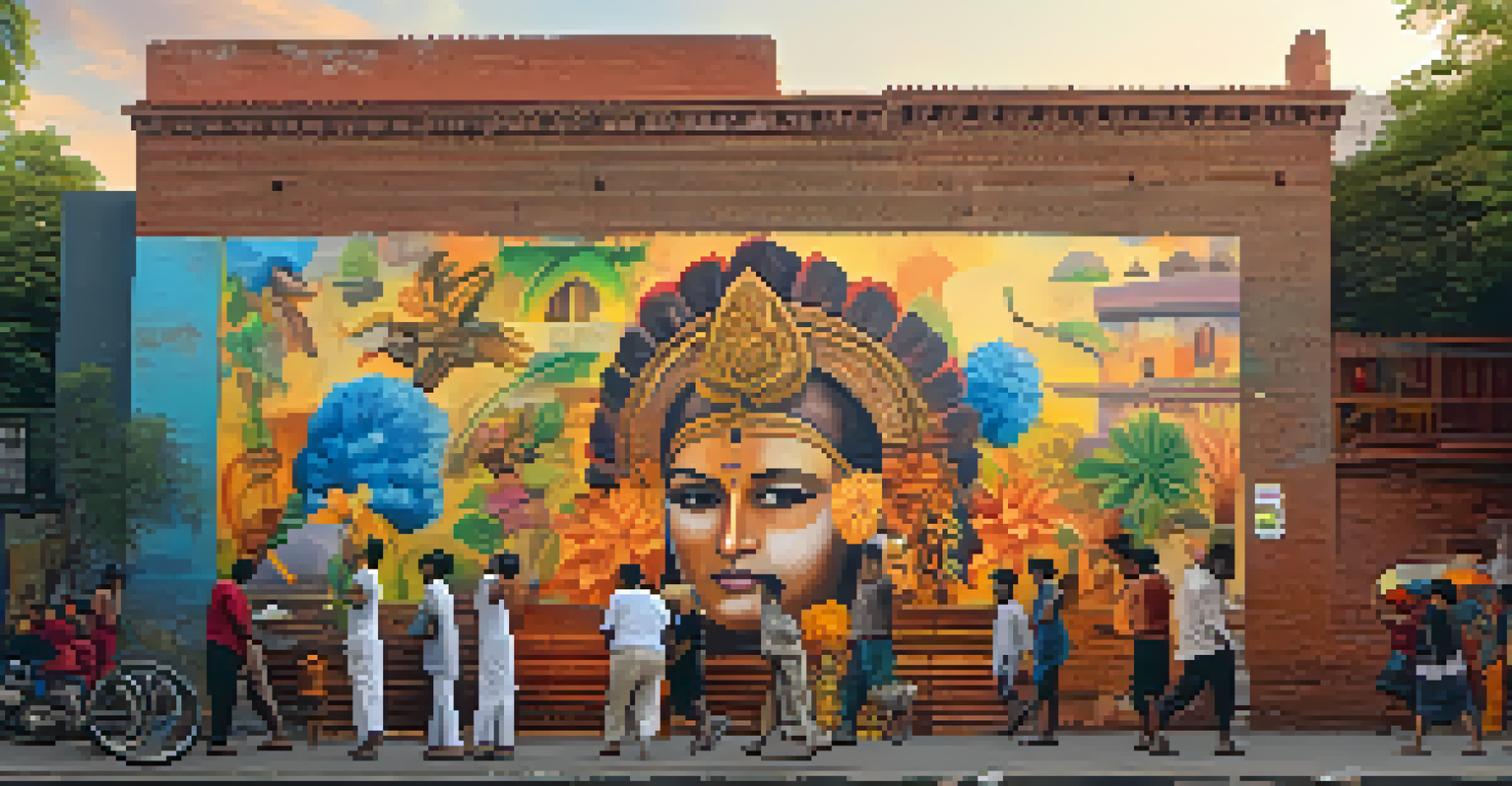 A lively urban street scene with a large colorful mural representing Indian culture, surrounded by people and vendors under the warm glow of sunset.