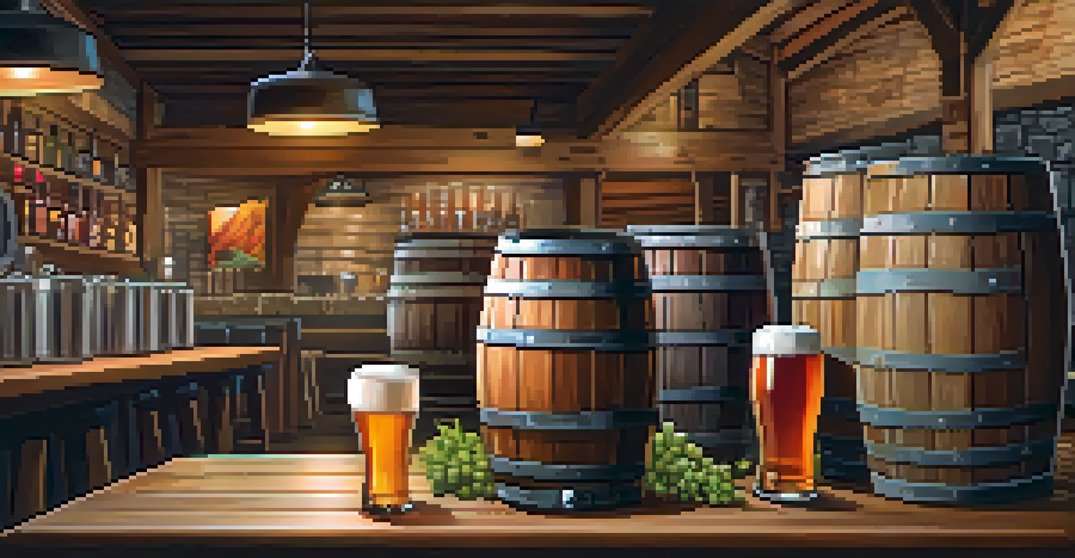 A flight of craft beers on a wooden table, with a plate of food pairings and brewery equipment in the background, all illuminated by soft lighting.
