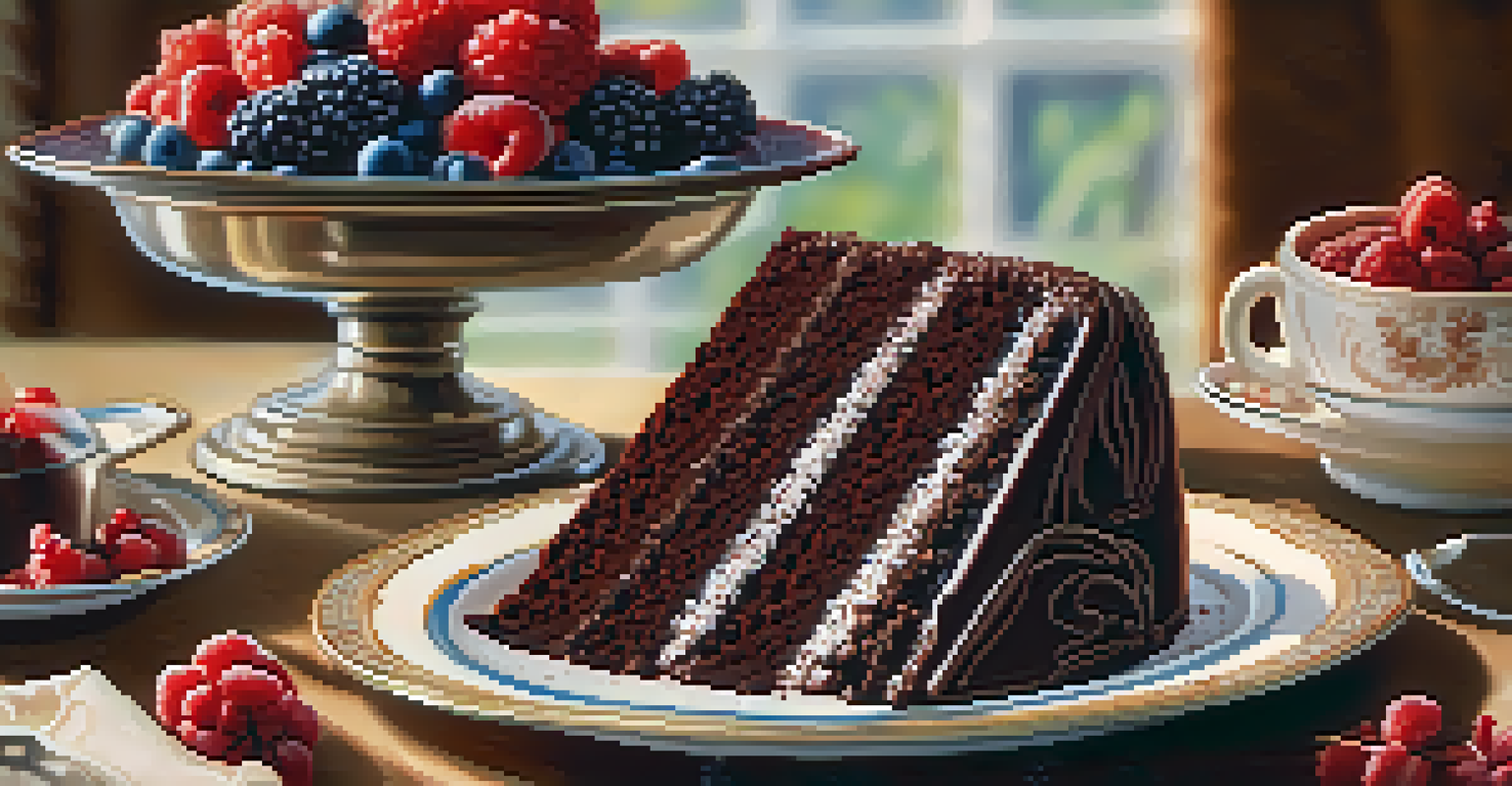 A close-up of a beautifully decorated chocolate cake surrounded by blurred images of family members celebrating.