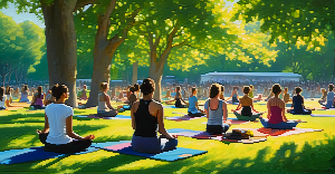A peaceful outdoor yoga festival with participants practicing yoga on colorful mats amidst greenery and flowers, illuminated by sunlight.