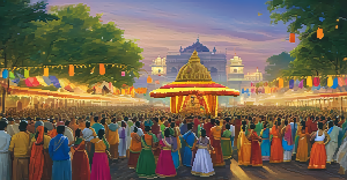 A lively festival scene with a crowd in traditional clothing, musicians on stage, and dancers in vibrant attire under warm lighting.