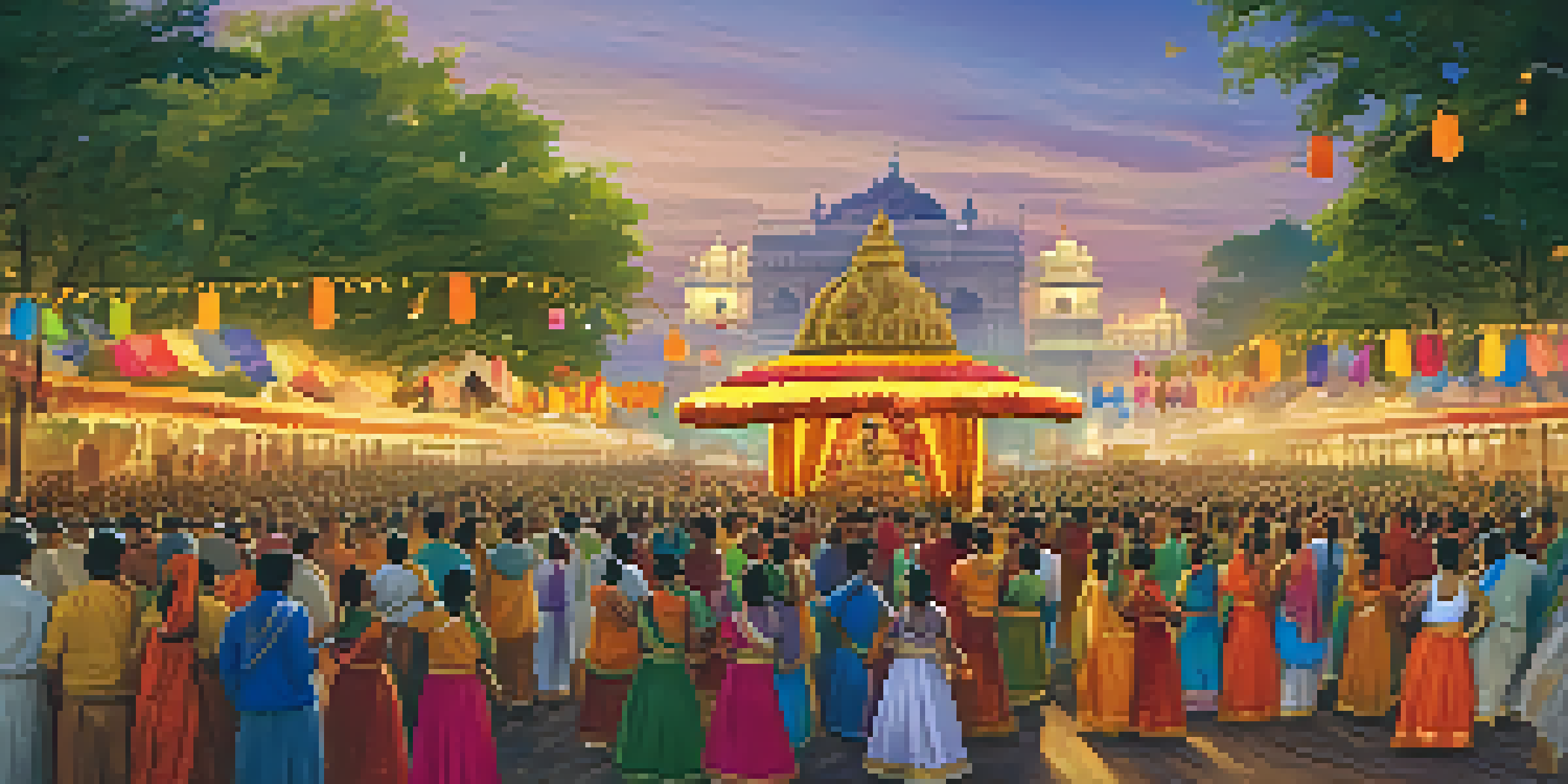 A lively festival scene with a crowd in traditional clothing, musicians on stage, and dancers in vibrant attire under warm lighting.