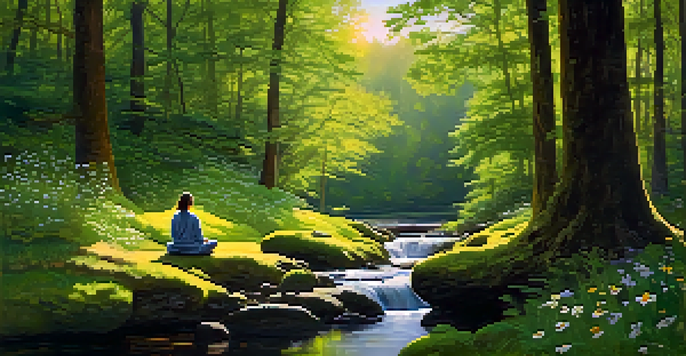 A peaceful forest with tall trees, a person meditating on moss, and a stream flowing in the background.
