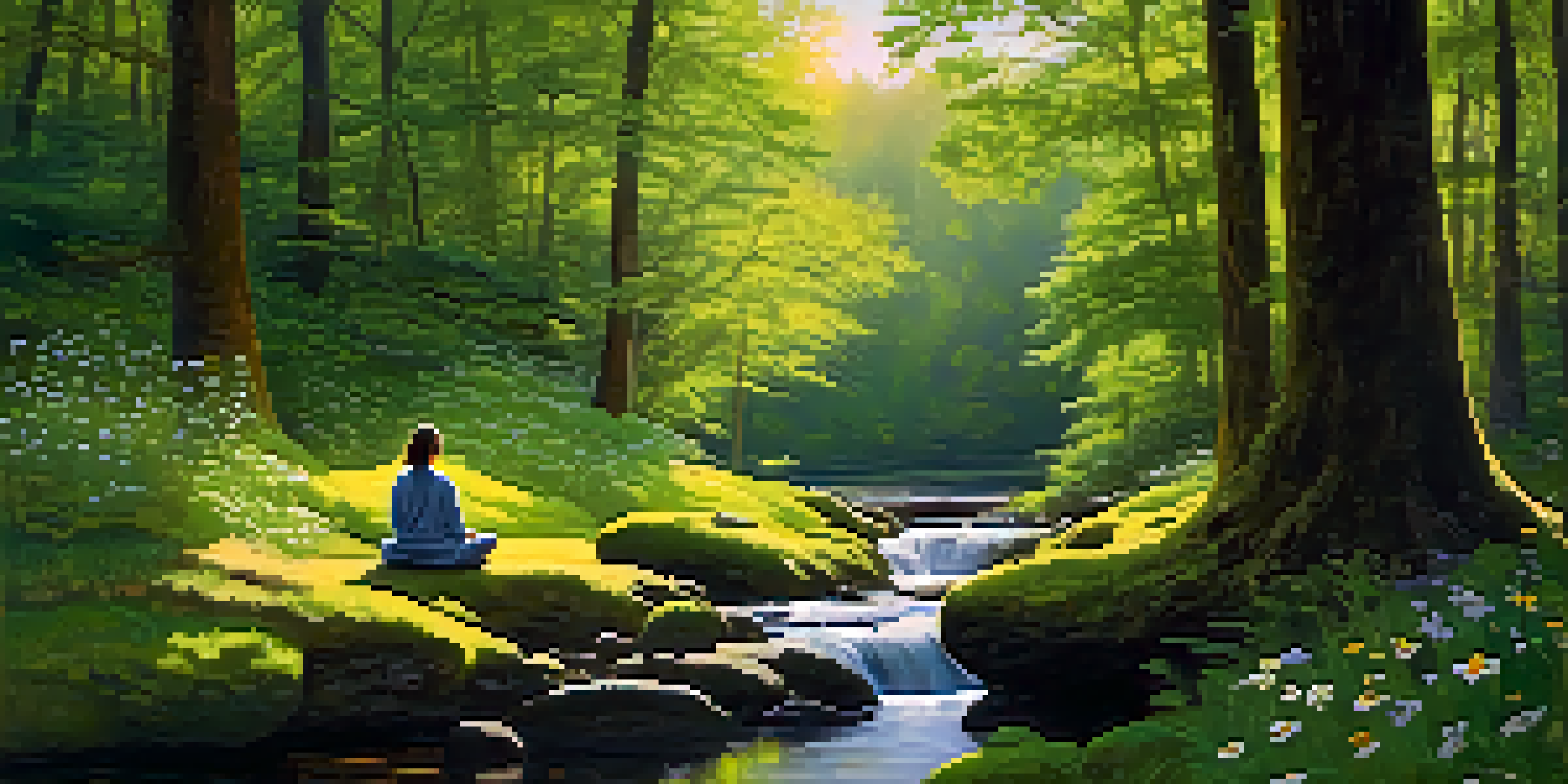A peaceful forest with tall trees, a person meditating on moss, and a stream flowing in the background.