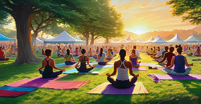 A diverse group of people practicing yoga outdoors during sunset in a green field, with colorful mats and tents in the background.