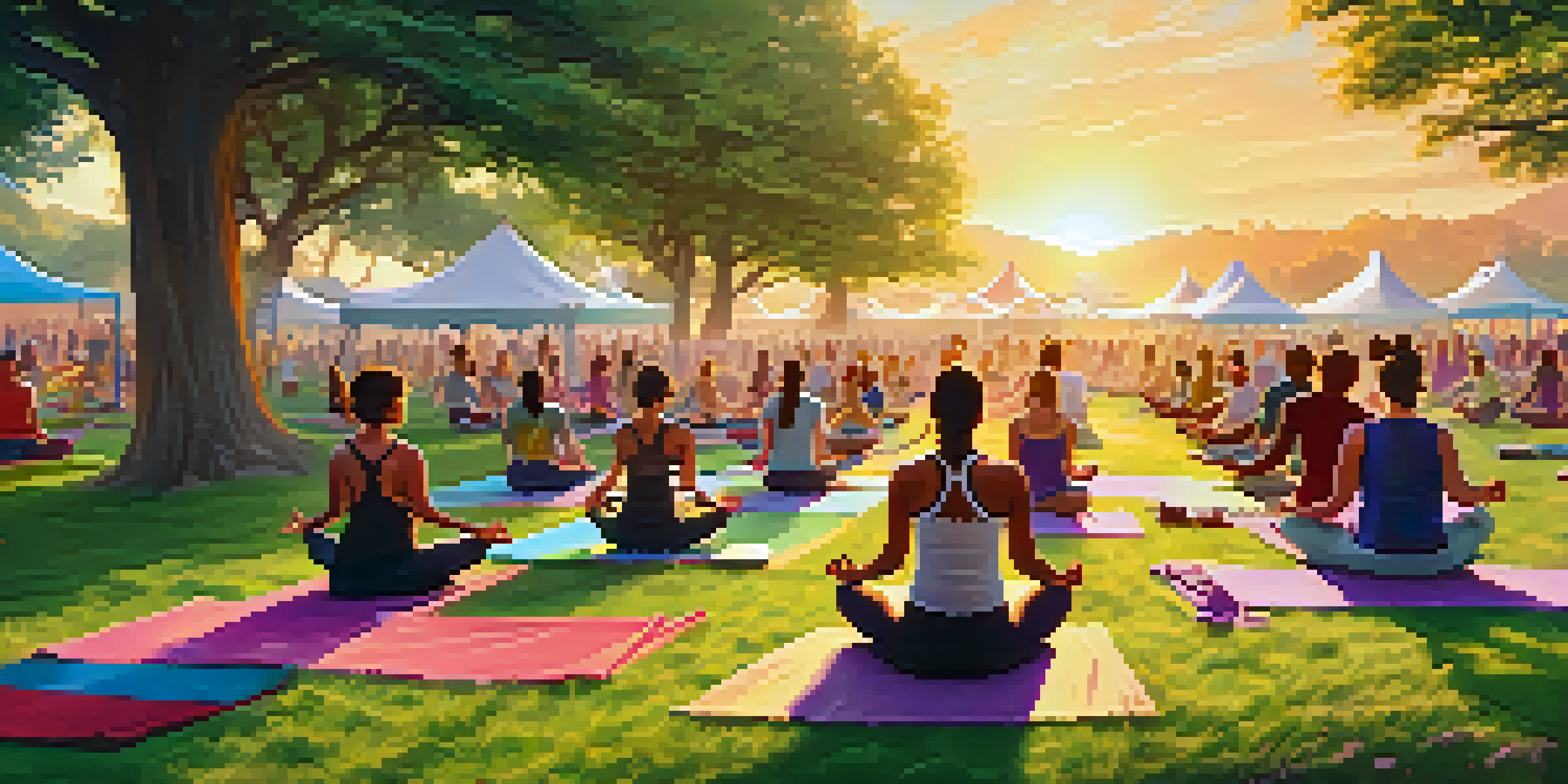 A diverse group of people practicing yoga outdoors during sunset in a green field, with colorful mats and tents in the background.