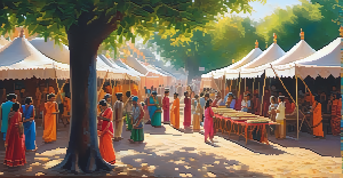 A lively cultural festival in India with artisans showcasing crafts and people interacting under colorful tents.