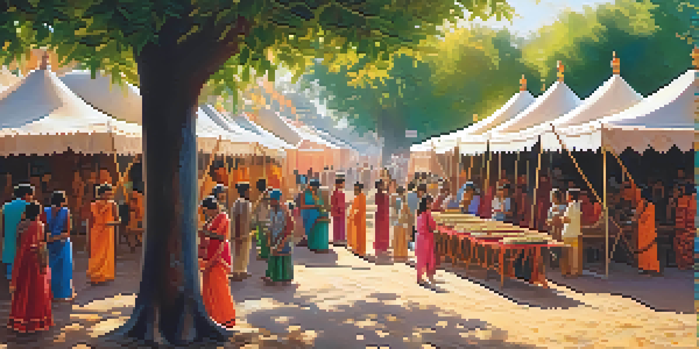 A lively cultural festival in India with artisans showcasing crafts and people interacting under colorful tents.