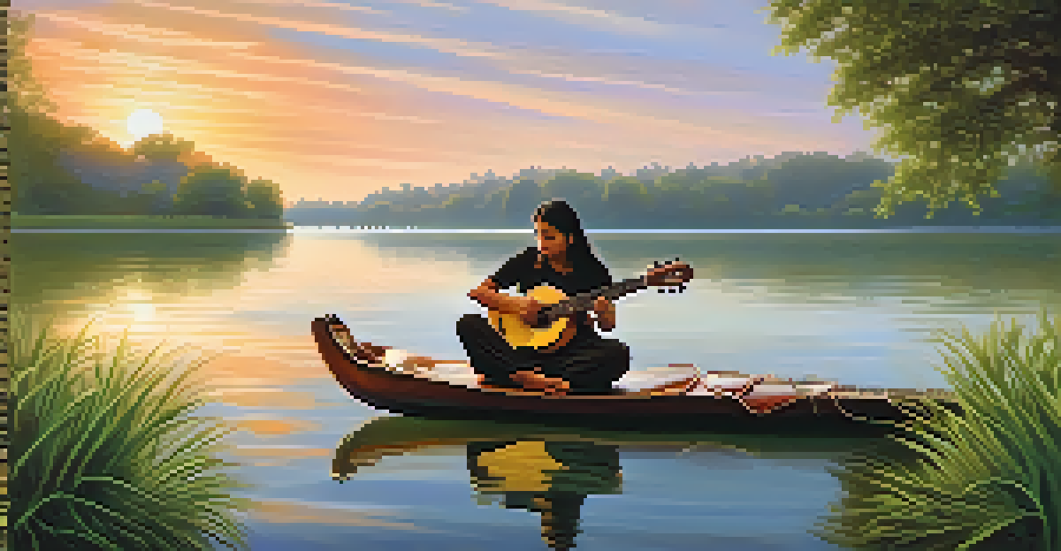 A musician playing a sitar by a lakeside at sunset, with reflections in the water and greenery surrounding the serene scene.
