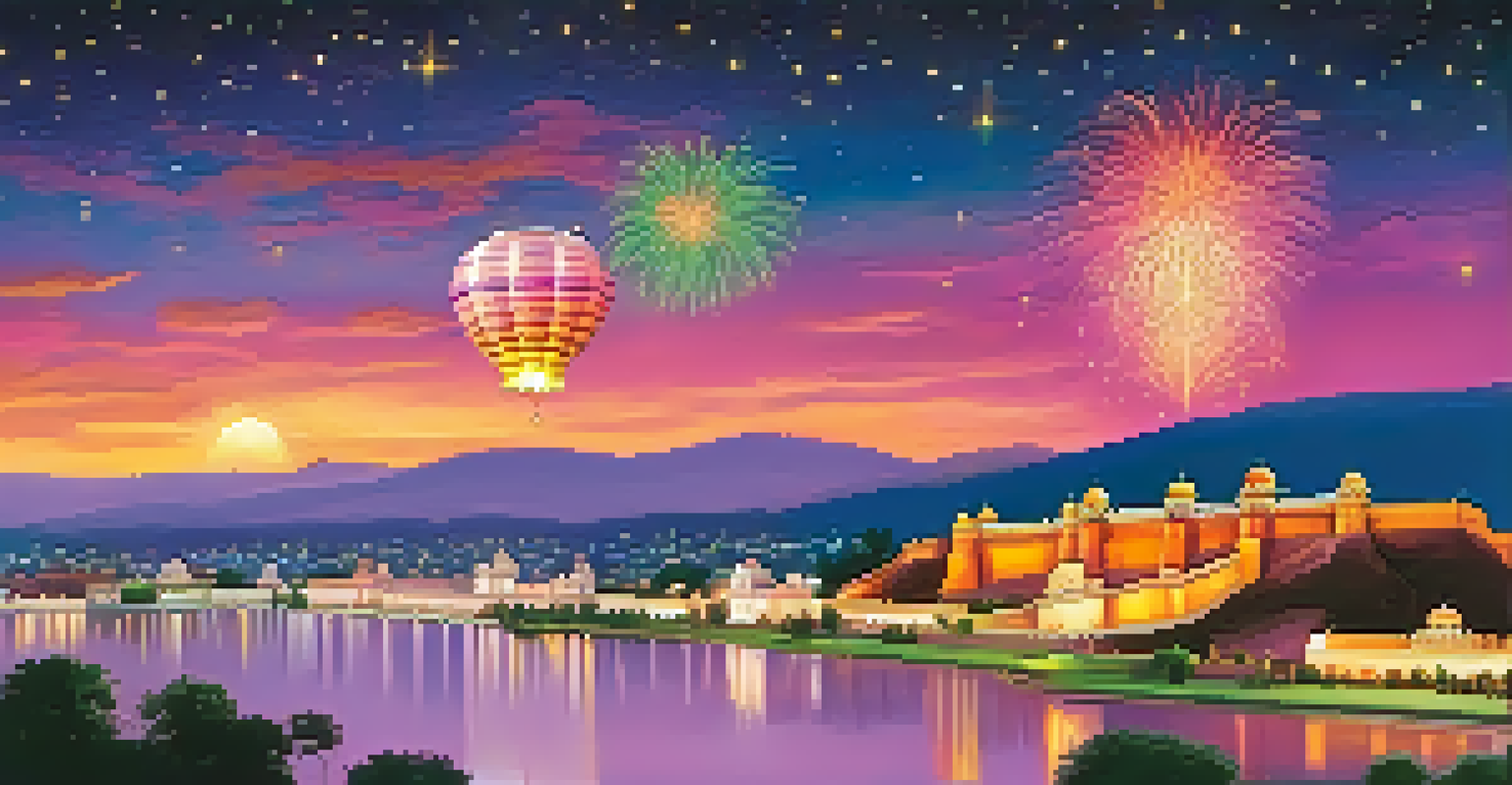 Jaipur's historic forts and palaces lit up for Diwali night, with people celebrating in colorful clothing.