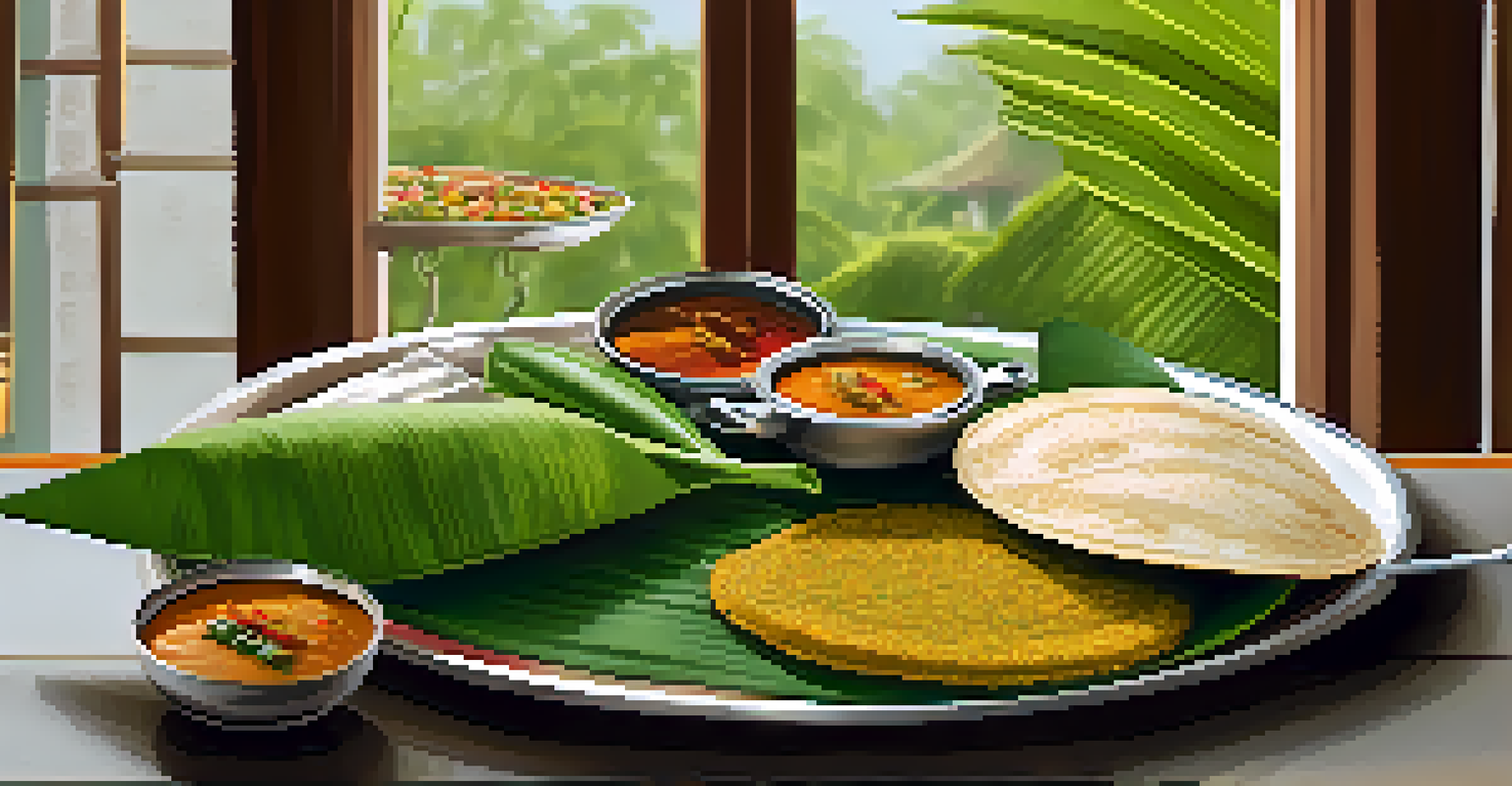 A traditional South Indian meal served on a banana leaf, featuring dosa, chutneys, and fresh vegetables, illuminated by soft natural light.