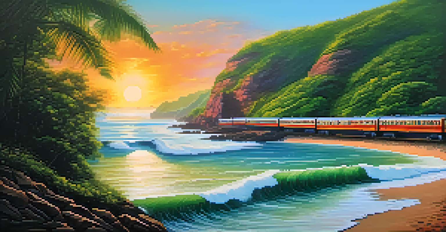 A scenic view of the Konkan Railway along the coast, with cliffs and beaches, and a sunset creating warm colors in the sky.