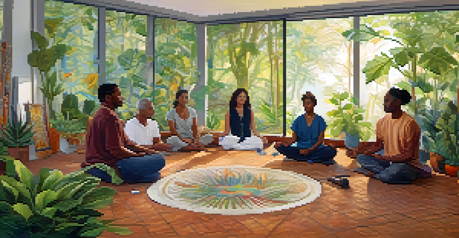 A workshop setting with a diverse group of people practicing Pranic Healing techniques, with an instructor guiding them in a bright and inviting room.