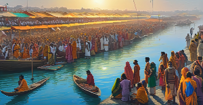 A bustling gathering of pilgrims at the Kumbh Mela in Prayagraj, with colorful tents and devotees participating in rituals near the Ganges River.
