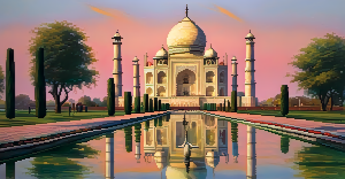 A beautiful sunset view of the Taj Mahal with vibrant sky colors, reflecting in the water and surrounded by gardens.