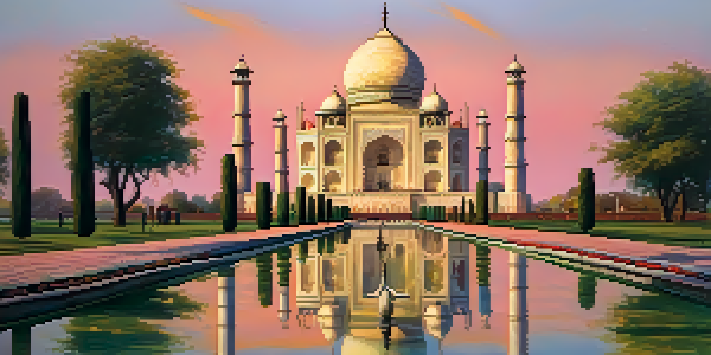 A beautiful sunset view of the Taj Mahal with vibrant sky colors, reflecting in the water and surrounded by gardens.