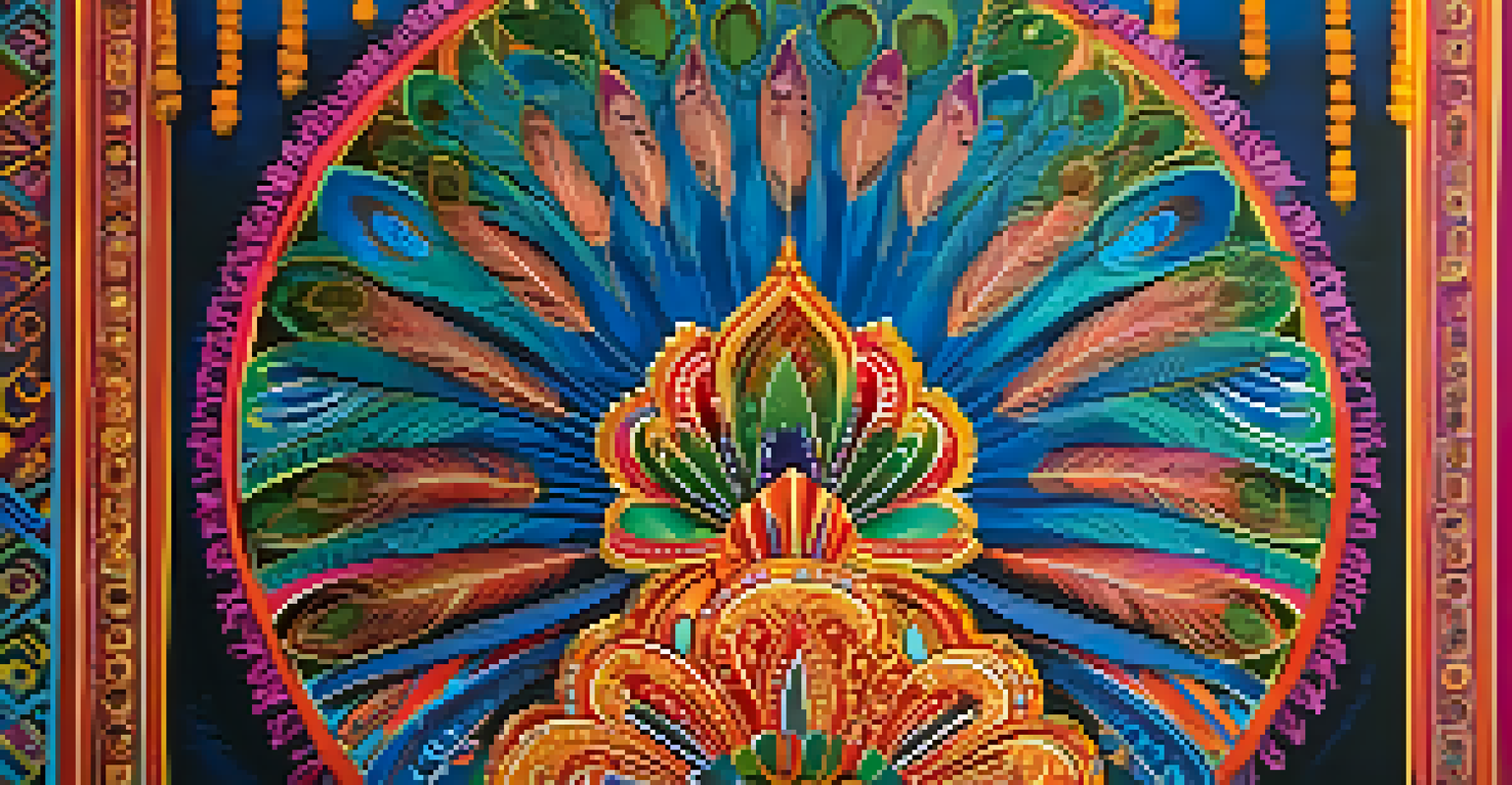 A detailed close-up of a colorful Indian film poster with traditional designs and motifs, set against a blurred film festival background.