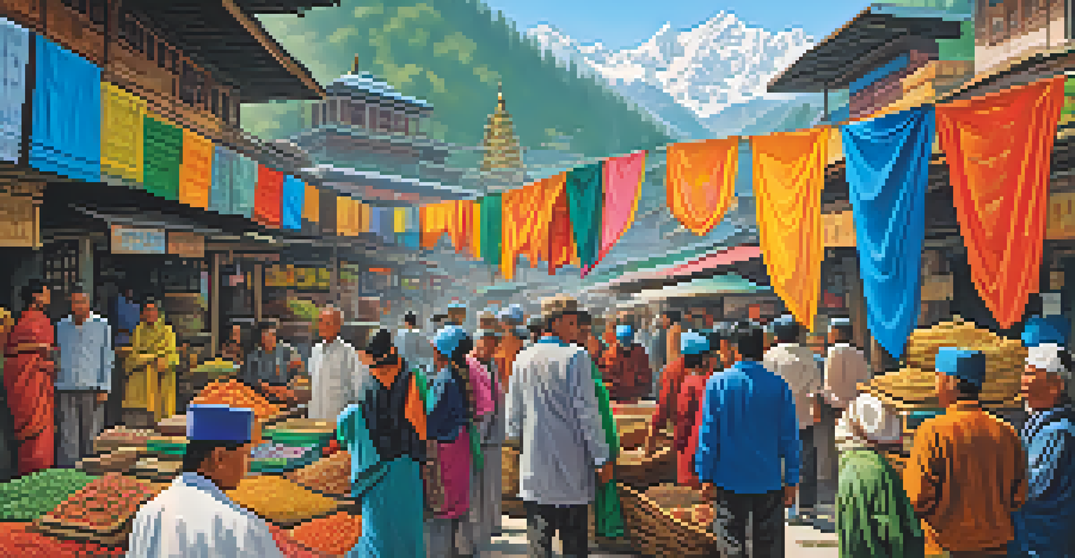 A vibrant local market in Darjeeling showcasing colorful handicrafts, prayer flags, and tourists interacting with vendors.