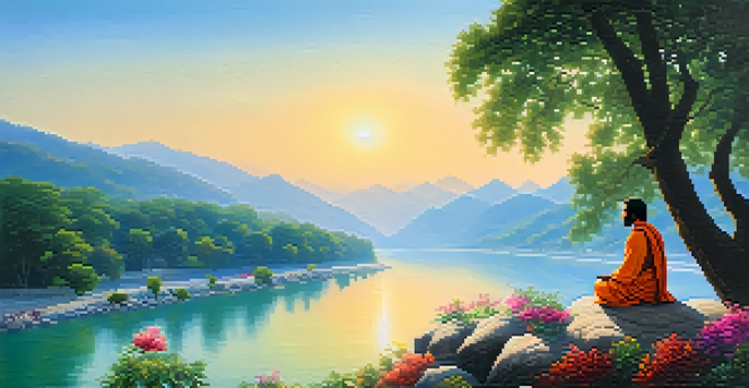 A peaceful scene of the Ganges River in Rishikesh at sunrise, with a person meditating on a stone.