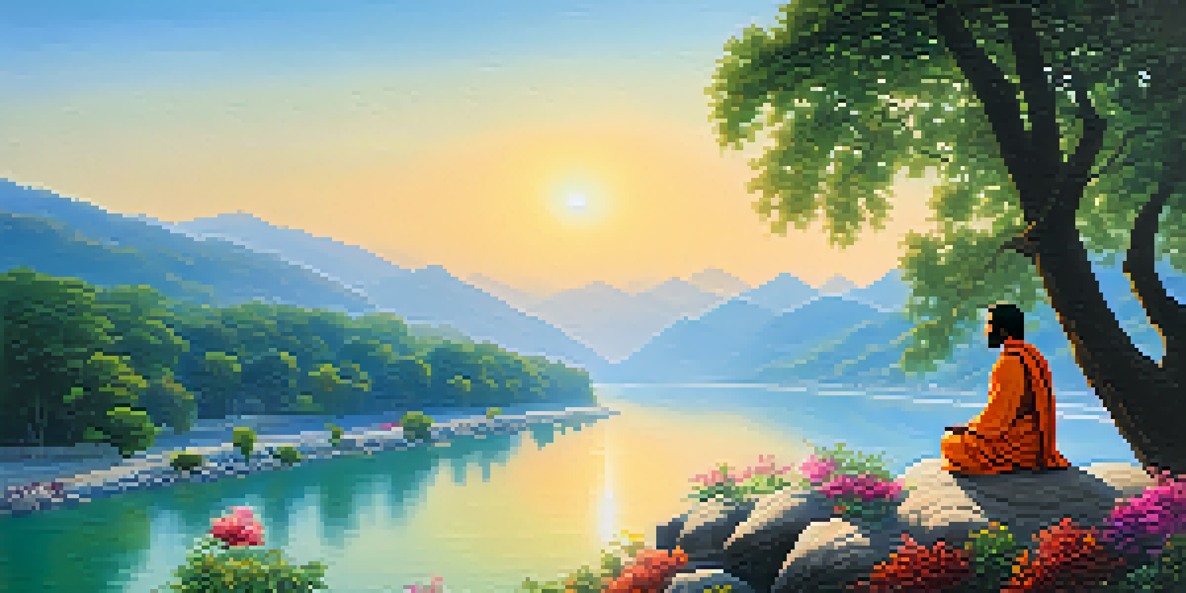 A peaceful scene of the Ganges River in Rishikesh at sunrise, with a person meditating on a stone.
