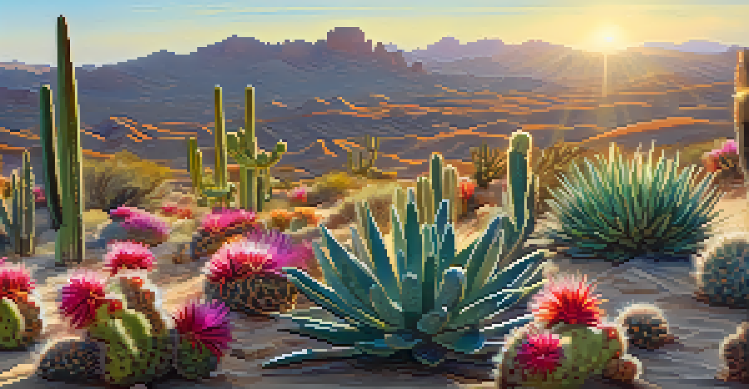 Close-up of desert flora including cacti and colorful flowers with rolling dunes in the background.
