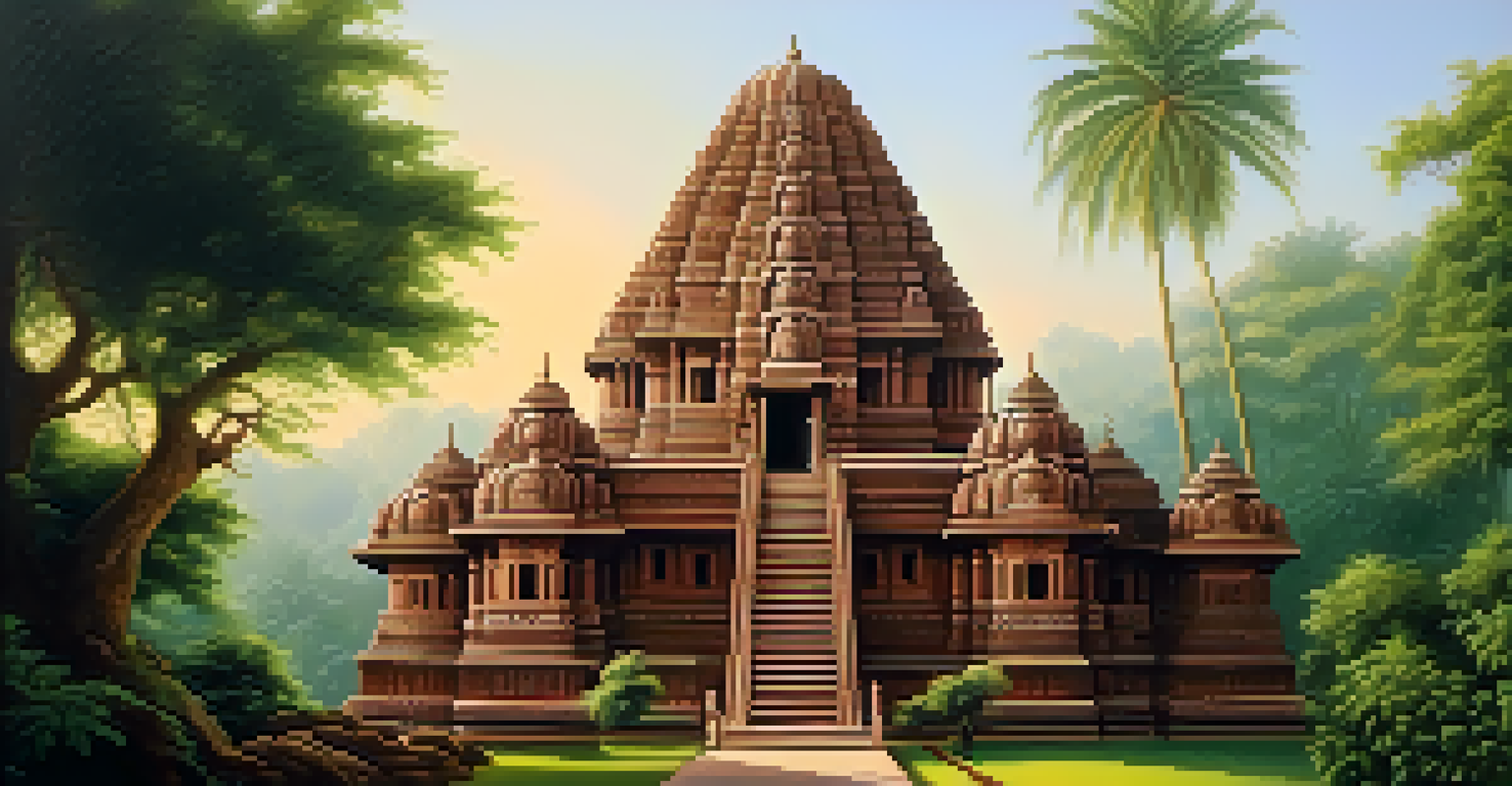 An ancient Indian temple set in lush greenery, with detailed carvings, illuminated by the soft morning sunlight.