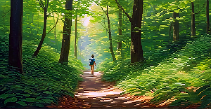 A winding path through a lush green forest with a traveler pausing to take in the surroundings, carrying a backpack and journal.