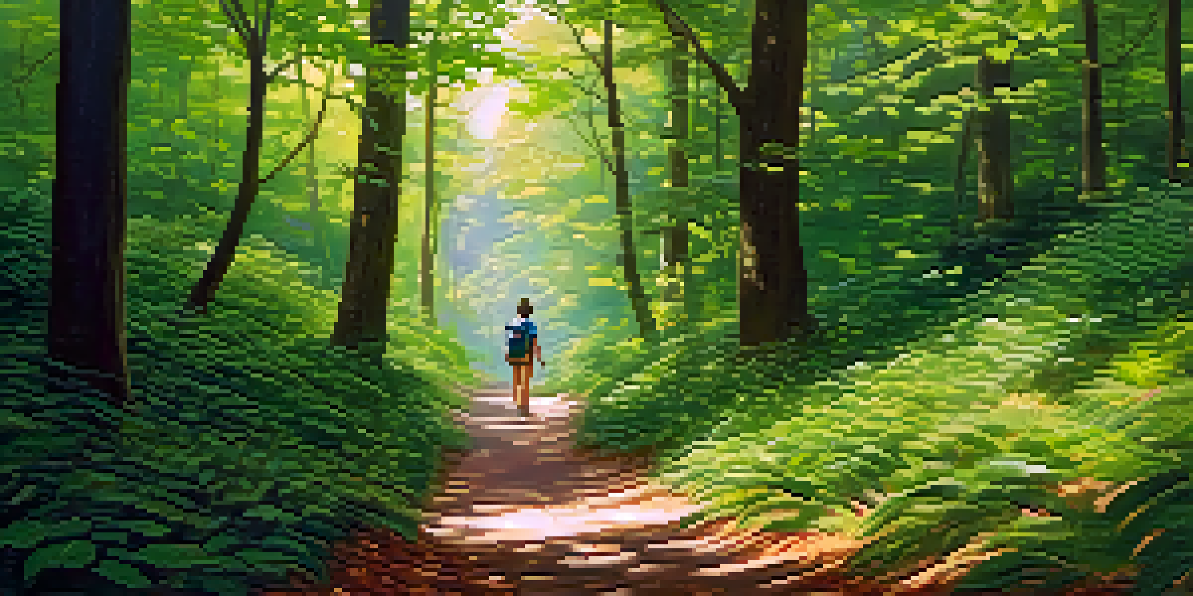 A winding path through a lush green forest with a traveler pausing to take in the surroundings, carrying a backpack and journal.