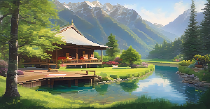 A peaceful meditation retreat in a green valley with mountains, featuring people practicing yoga on a wooden deck, surrounded by trees and colorful prayer flags.