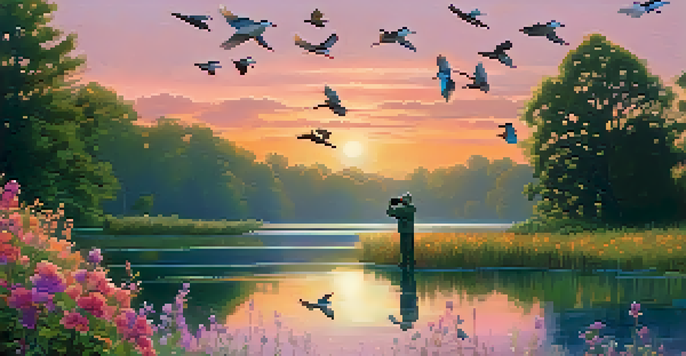 A birdwatcher at a lake during sunrise, observing migratory birds with binoculars, surrounded by nature.