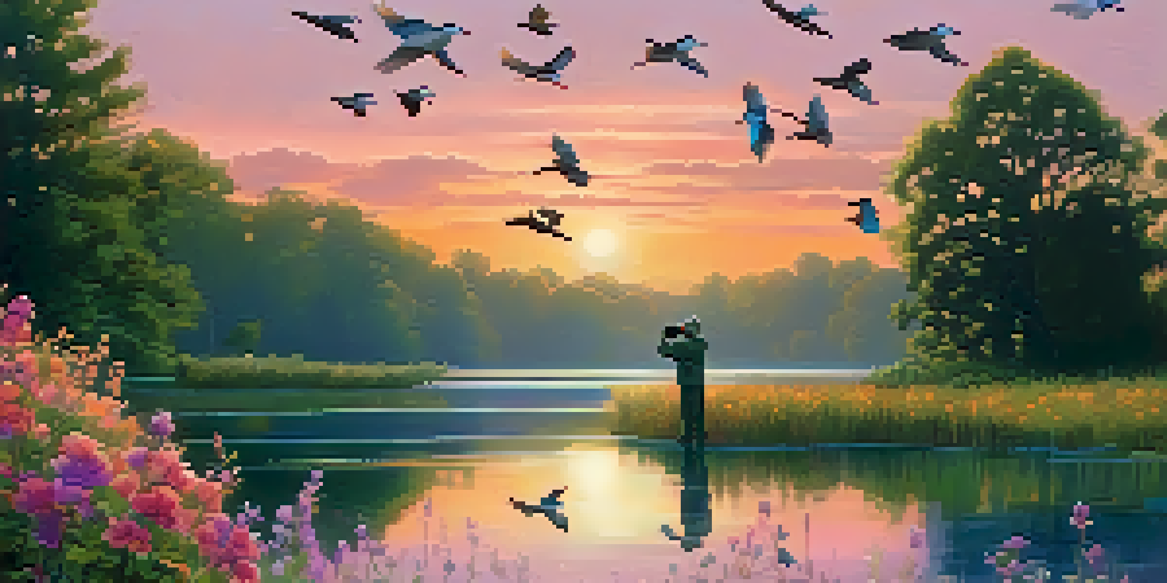 A birdwatcher at a lake during sunrise, observing migratory birds with binoculars, surrounded by nature.