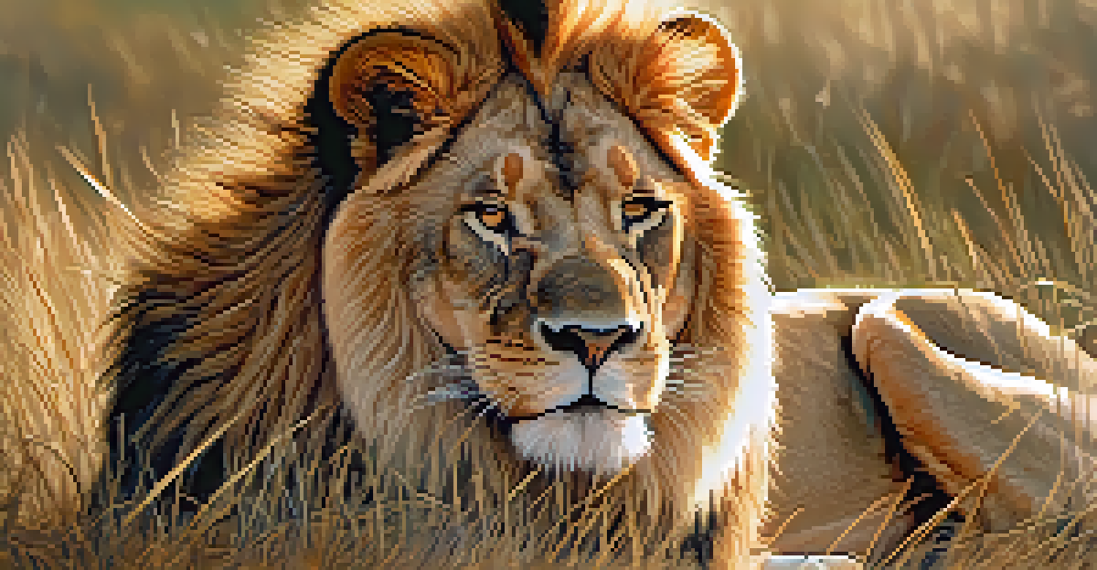 A close-up of a resting lion surrounded by tall grass, showcasing its mane and peaceful expression in soft sunlight.