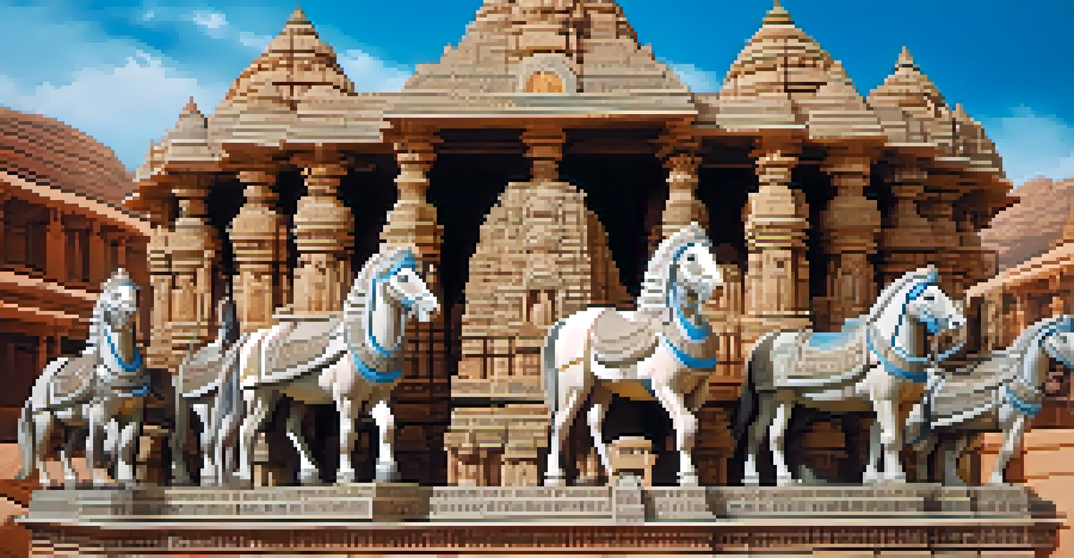 The intricately carved Stone Chariot at the Vithala Temple complex surrounded by a vibrant blue sky and rocky hills.