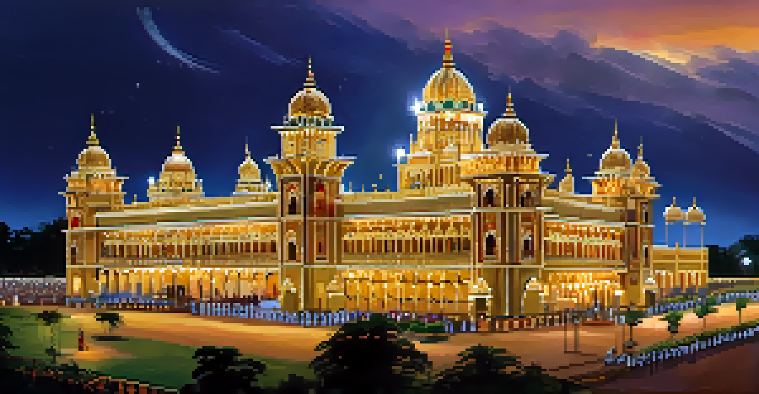 Mysore Palace illuminated during Dussehra festival at night, showcasing Indo-Saracenic architecture.